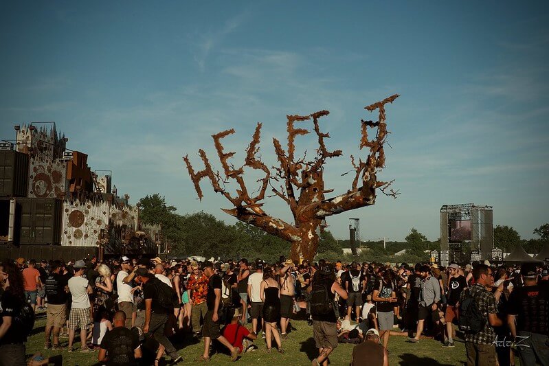 A striking Hellfest Festival decoration with the festival's name prominently displayed.